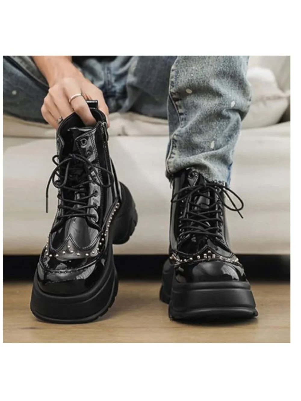 Patent Leather Rivet Platform Motorcycle Boots Side Zipper Goth Combat Ankle